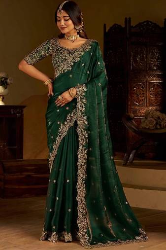 Green satin jimmy choo embroidered embellished havy work wedding wear saree