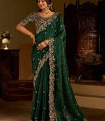 Green satin jimmy choo embroidered embellished havy work wedding wear saree