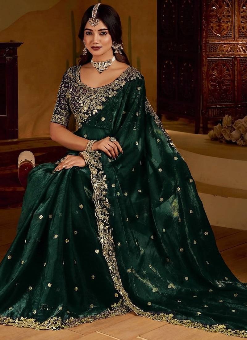 Green satin jimmy choo embroidered embellished havy work wedding wear saree