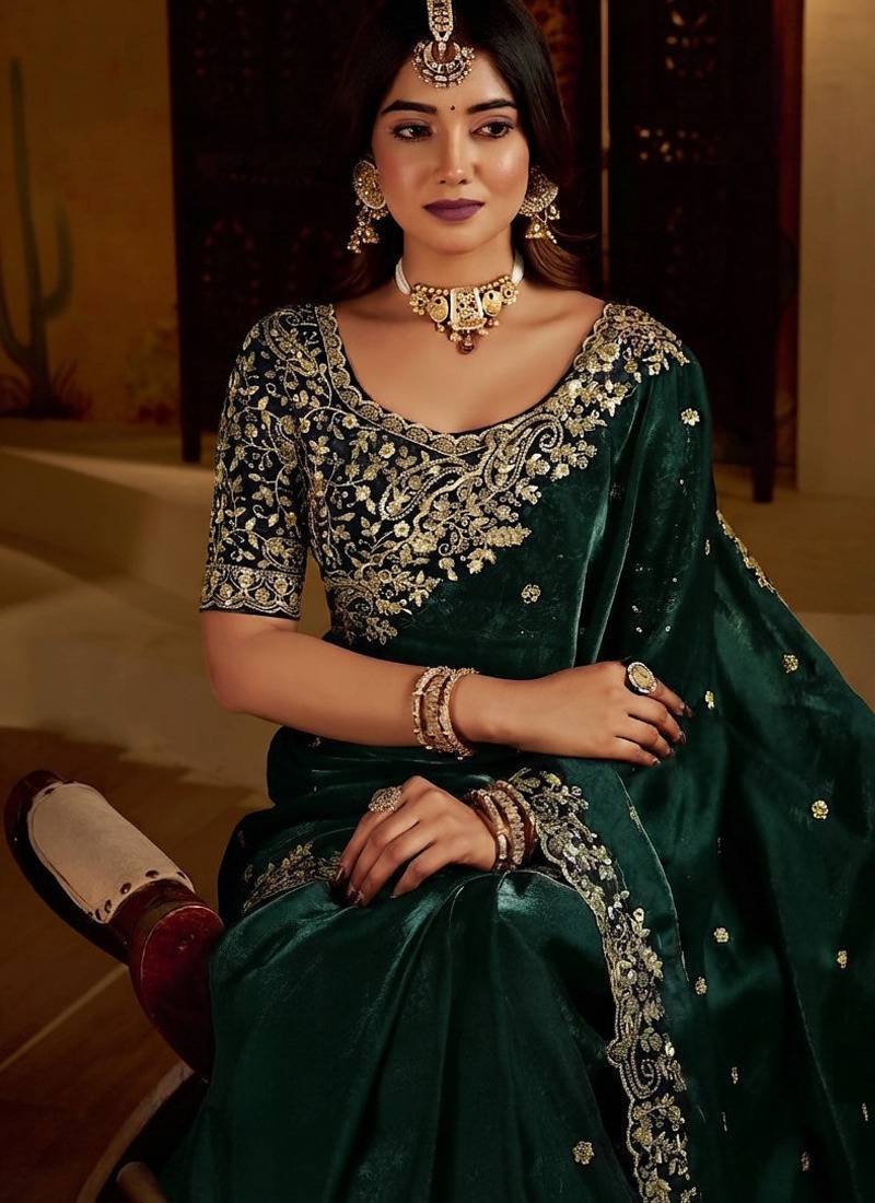 Green satin jimmy choo embroidered embellished havy work wedding wear saree
