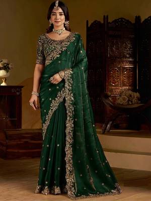 Green satin jimmy choo embroidered embellished havy work wedding wear saree 4