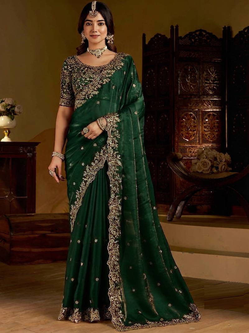Green satin jimmy choo embroidered embellished havy work wedding wear saree