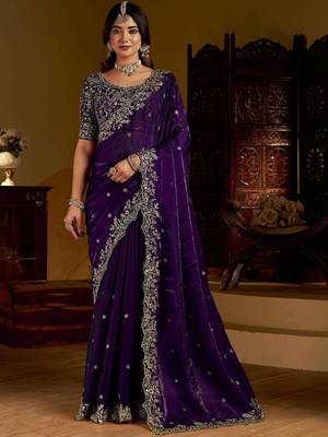 Purple satin jimmy choo embroidered embellished havy work wedding wear saree 1