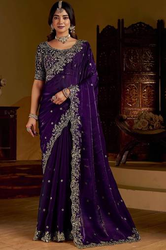 Purple satin jimmy choo embroidered embellished havy work wedding wear saree