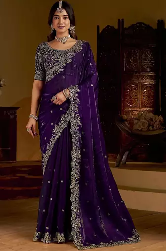 Purple satin jimmy choo embroidered embellished havy work wedding wear saree