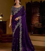 Purple satin jimmy choo embroidered embellished havy work wedding wear saree