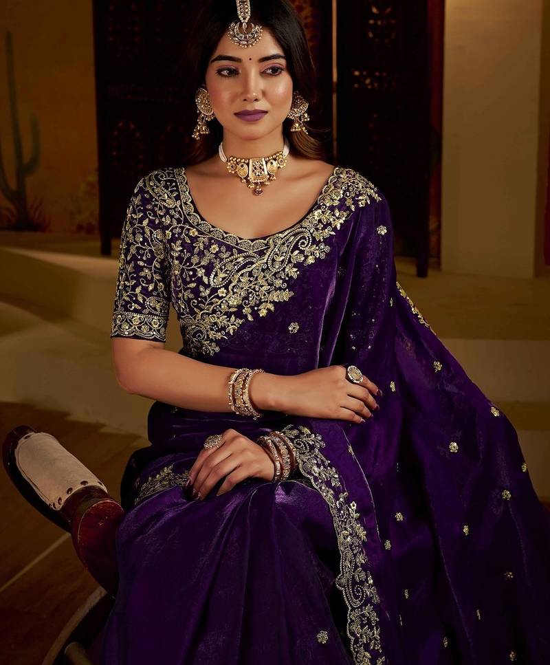 Purple satin jimmy choo embroidered embellished havy work wedding wear saree
