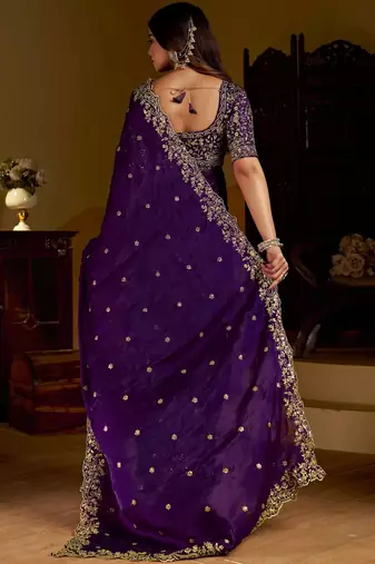 Purple satin jimmy choo embroidered embellished havy work wedding wear saree