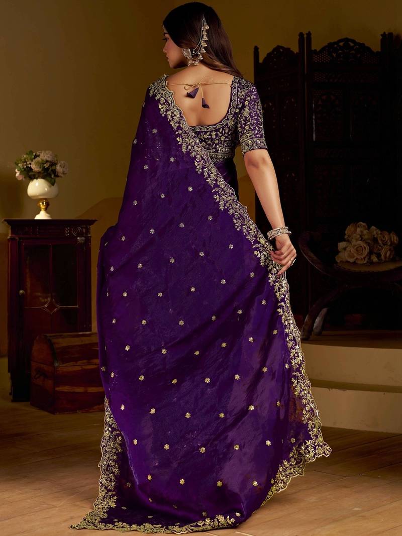 Purple satin jimmy choo embroidered embellished havy work wedding wear saree