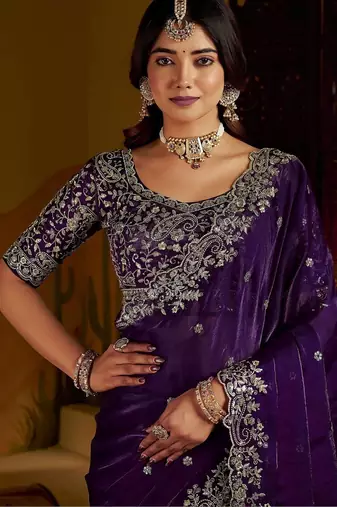 Purple satin jimmy choo embroidered embellished havy work wedding wear saree