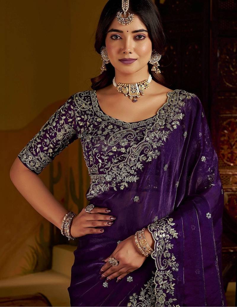Purple satin jimmy choo embroidered embellished havy work wedding wear saree