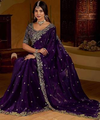 Purple satin jimmy choo embroidered embellished havy work wedding wear saree 5
