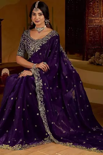 Purple satin jimmy choo embroidered embellished havy work wedding wear saree