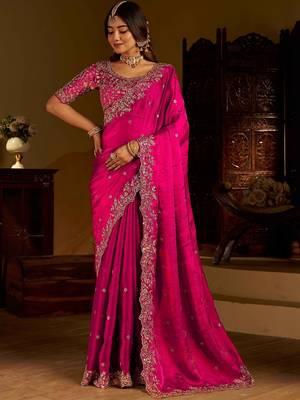 Pink satin jimmy choo embroidered embellished havy work wedding wear saree 1
