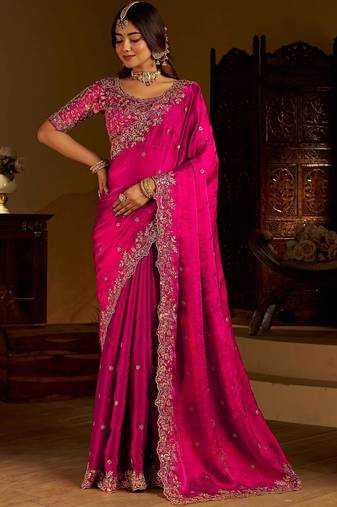 Pink satin jimmy choo embroidered embellished havy work wedding wear saree