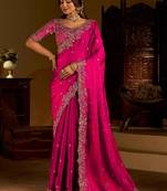 Pink satin jimmy choo embroidered embellished havy work wedding wear saree