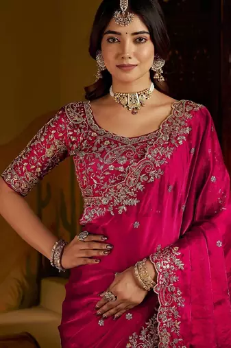 Pink satin jimmy choo embroidered embellished havy work wedding wear saree