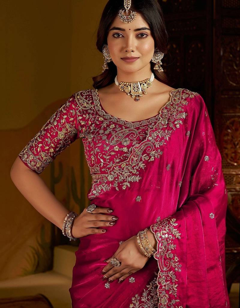 Pink satin jimmy choo embroidered embellished havy work wedding wear saree