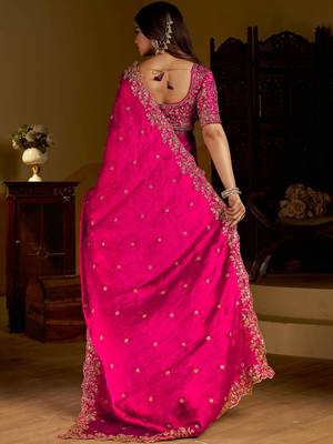 Pink satin jimmy choo embroidered embellished havy work wedding wear saree 3