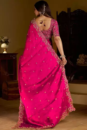 Pink satin jimmy choo embroidered embellished havy work wedding wear saree