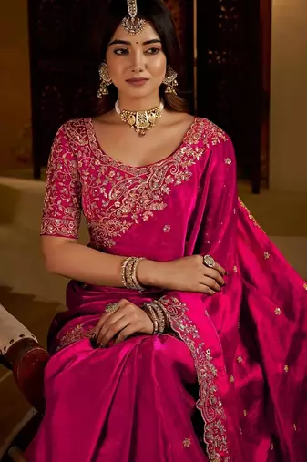 Pink satin jimmy choo embroidered embellished havy work wedding wear saree