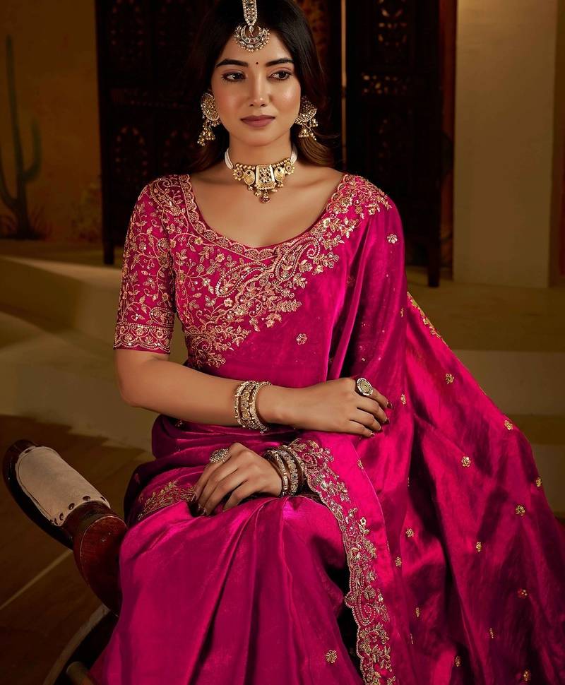 Pink satin jimmy choo embroidered embellished havy work wedding wear saree