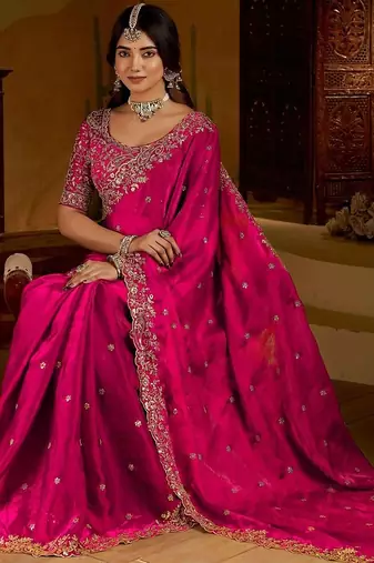 Pink satin jimmy choo embroidered embellished havy work wedding wear saree