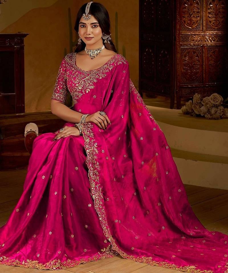 Pink satin jimmy choo embroidered embellished havy work wedding wear saree