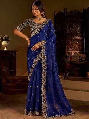 Royal blue satin jimmy choo embroidered embellished havy work wedding wear saree 1