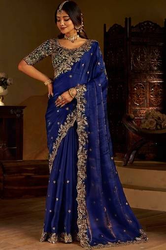 Royal blue satin jimmy choo embroidered embellished havy work wedding wear saree