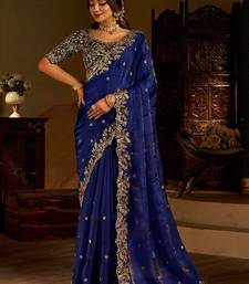 Royal blue satin jimmy choo embroidered embellished havy work wedding wear saree