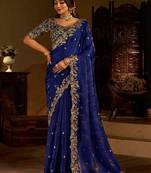 Royal blue satin jimmy choo embroidered embellished havy work wedding wear saree