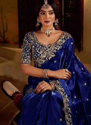 Royal blue satin jimmy choo embroidered embellished havy work wedding wear saree 2