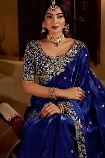 Royal blue satin jimmy choo embroidered embellished havy work wedding wear saree