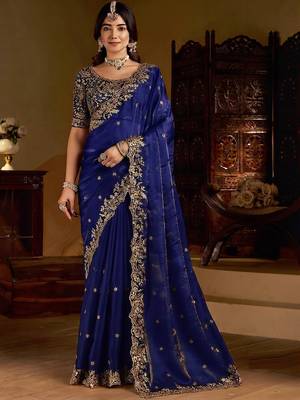Royal blue satin jimmy choo embroidered embellished havy work wedding wear saree 3