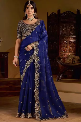 Royal blue satin jimmy choo embroidered embellished havy work wedding wear saree