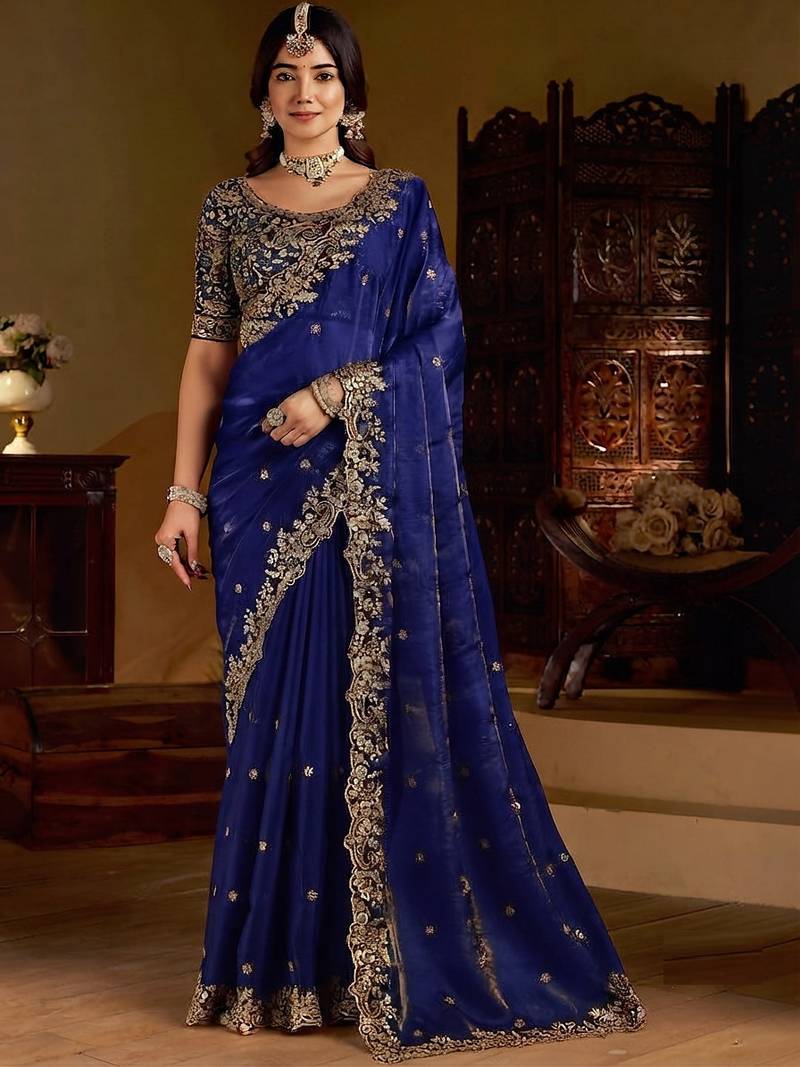 Royal blue satin jimmy choo embroidered embellished havy work wedding wear saree