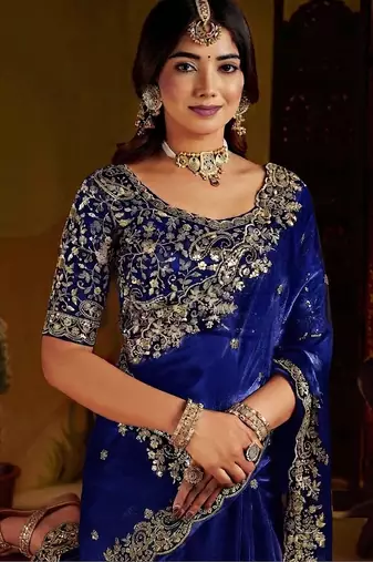 Royal blue satin jimmy choo embroidered embellished havy work wedding wear saree