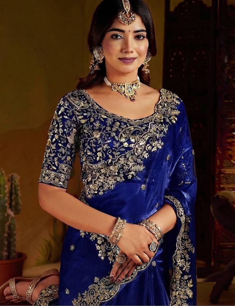 Royal blue satin jimmy choo embroidered embellished havy work wedding wear saree