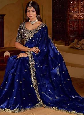 Royal blue satin jimmy choo embroidered embellished havy work wedding wear saree 5
