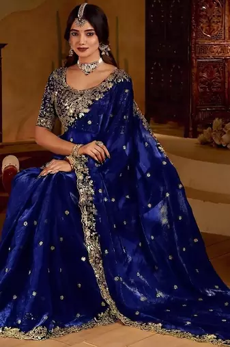 Royal blue satin jimmy choo embroidered embellished havy work wedding wear saree