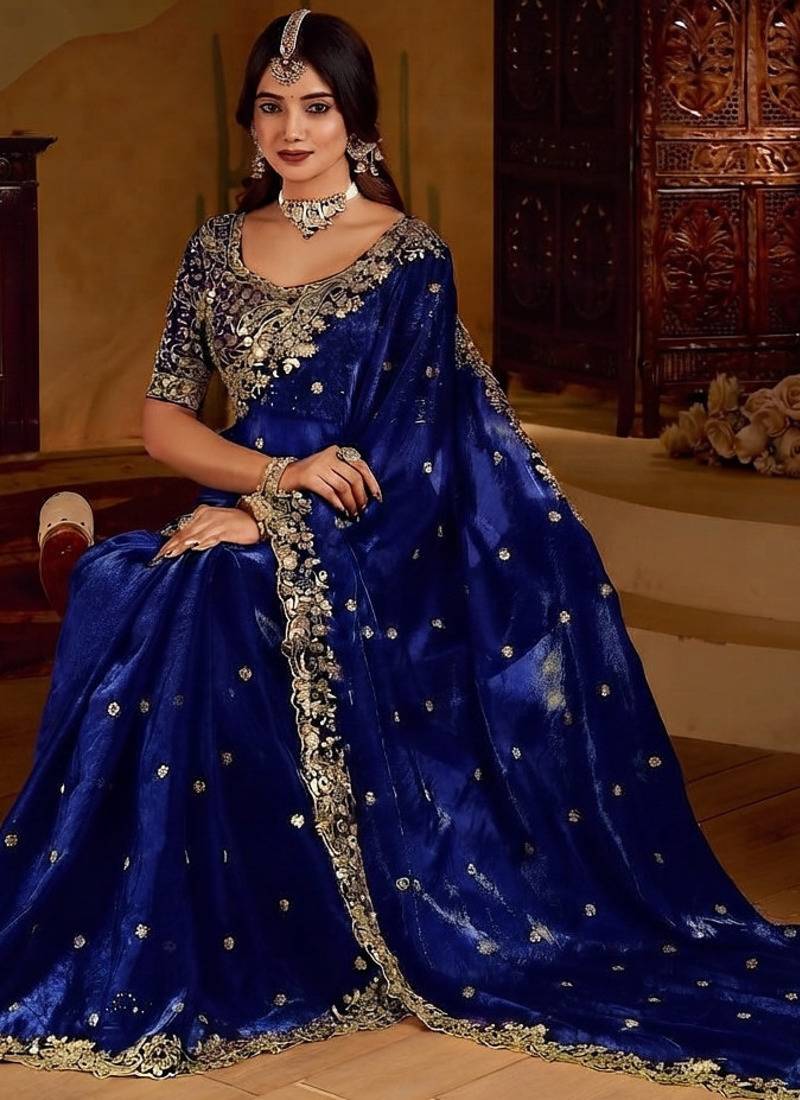 Royal blue satin jimmy choo embroidered embellished havy work wedding wear saree