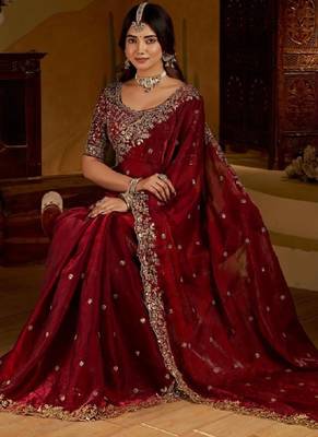 Maroon satin jimmy choo embroidered embellished havy work wedding wear saree 1