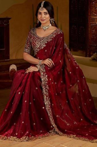 Maroon satin jimmy choo embroidered embellished havy work wedding wear saree
