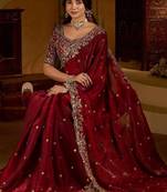 Maroon satin jimmy choo embroidered embellished havy work wedding wear saree