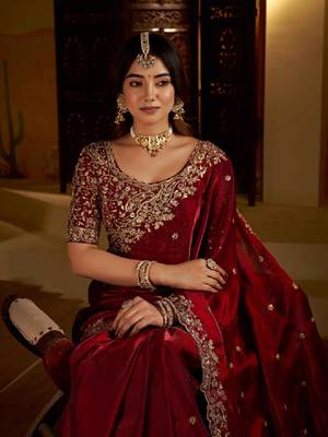 Maroon satin jimmy choo embroidered embellished havy work wedding wear saree 2