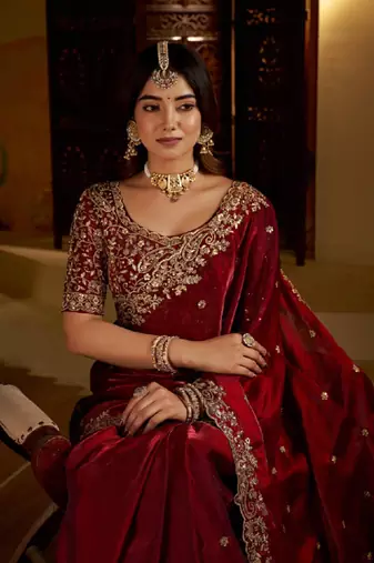 Maroon satin jimmy choo embroidered embellished havy work wedding wear saree