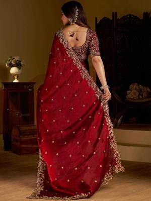 Maroon satin jimmy choo embroidered embellished havy work wedding wear saree 3