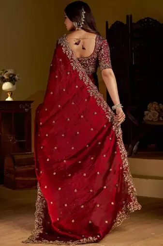 Maroon satin jimmy choo embroidered embellished havy work wedding wear saree