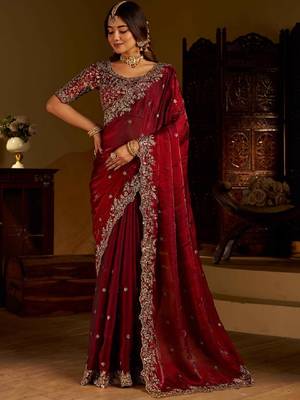 Maroon satin jimmy choo embroidered embellished havy work wedding wear saree 4